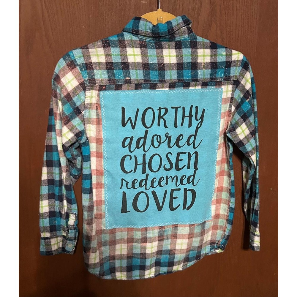Upcycled Distressed Bleached Plaid Flannel Sewn Back Chosen Worthy Girls Sz 14